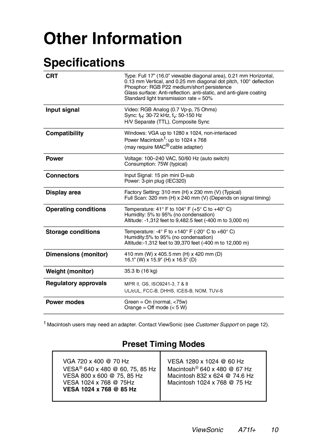 ViewSonic A71F+ manual Other Information, Specifications 