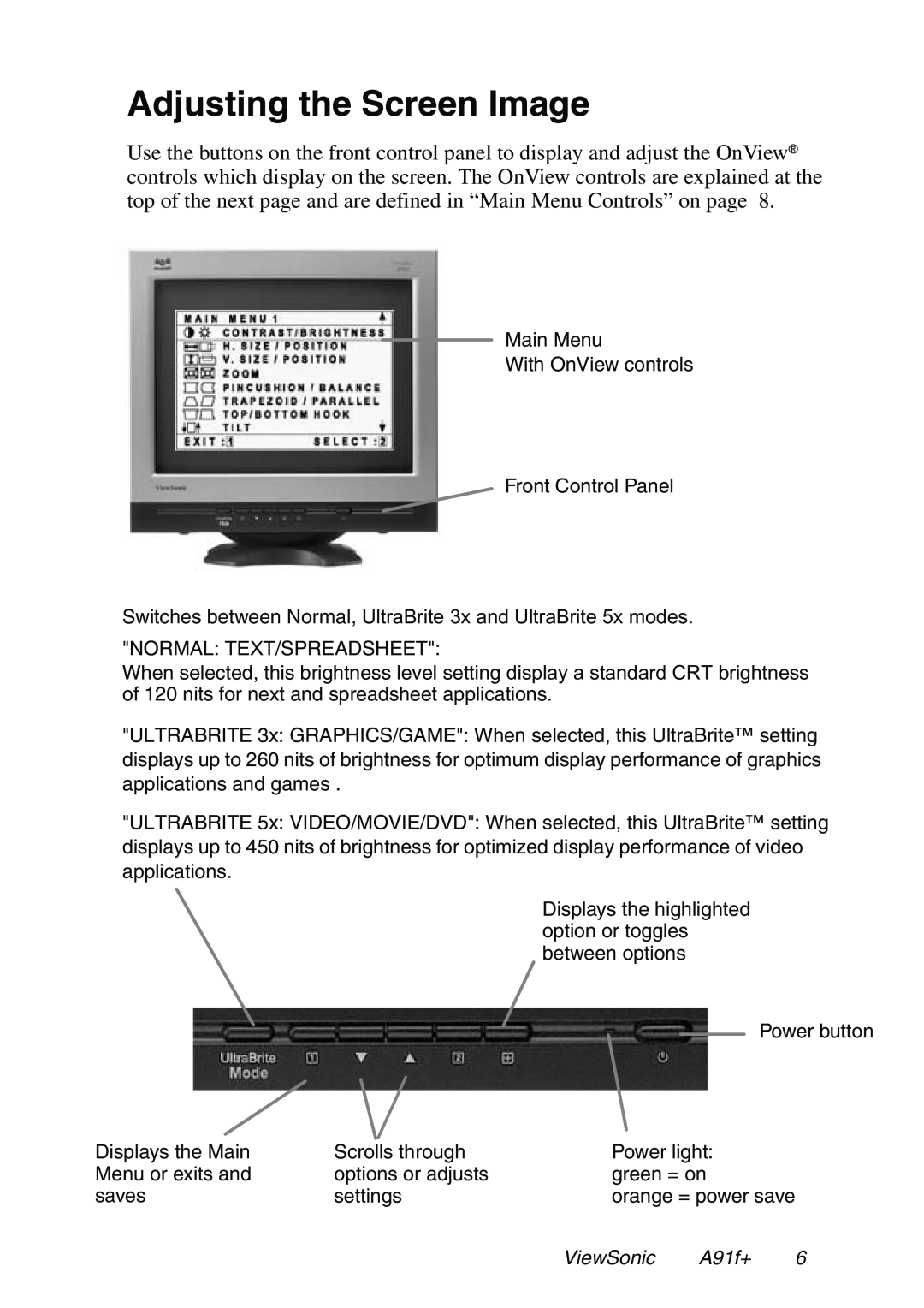 ViewSonic A91f+ manual Adjusting the Screen Image, ViewSonic 