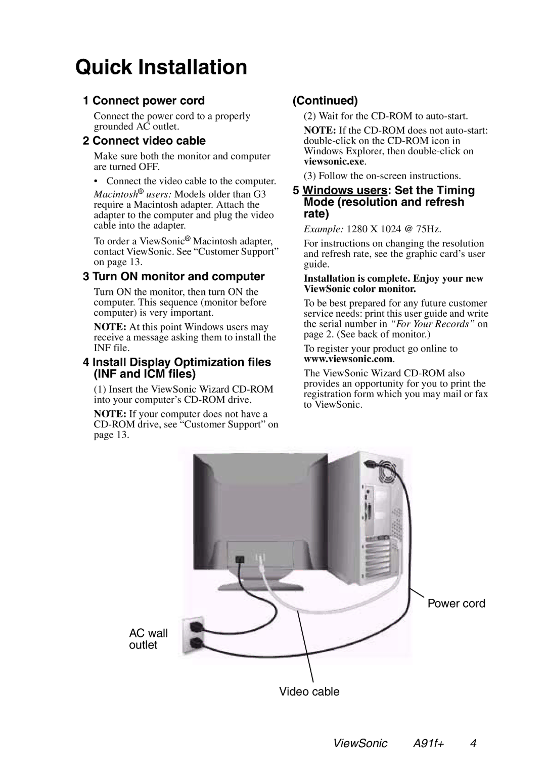 ViewSonic A91f+ manual Quick Installation, Connect video cable 