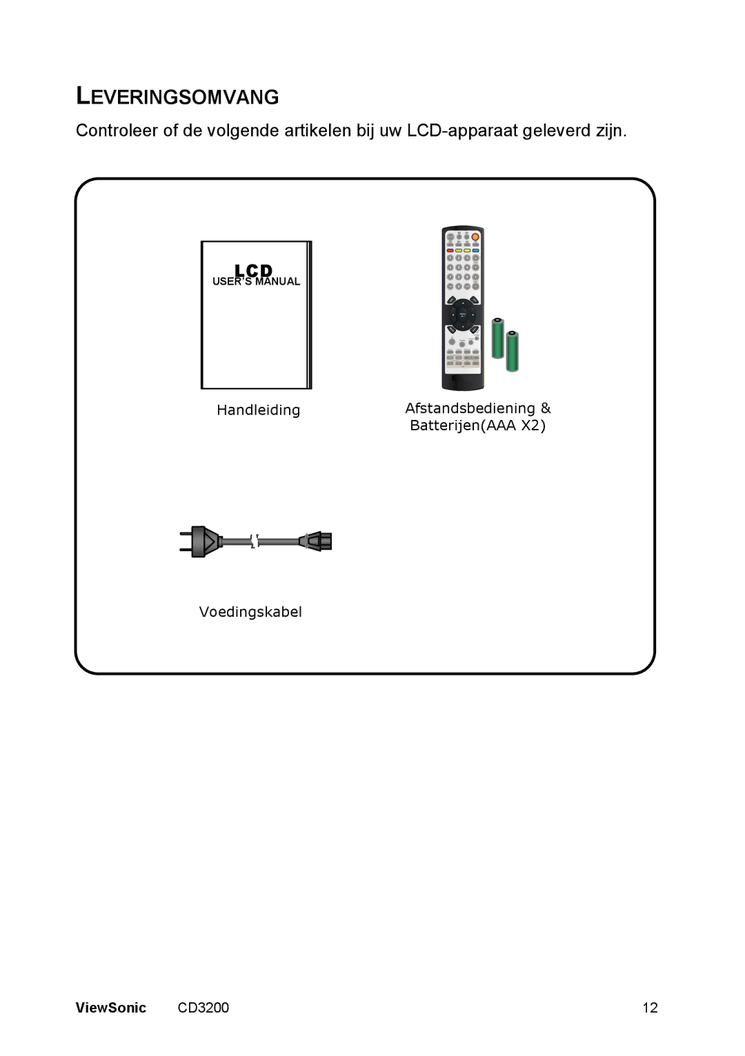 ViewSonic CD3200 manual Leveringsomvang, Lcd 