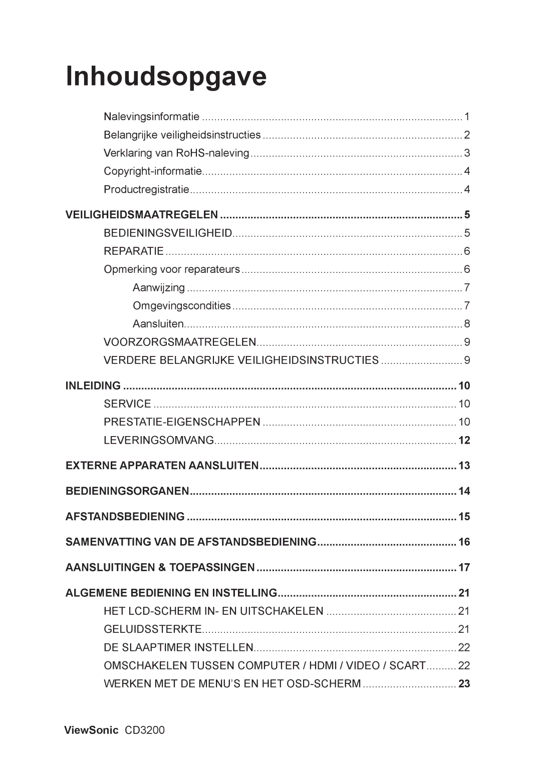 ViewSonic CD3200 manual Inhoudsopgave 