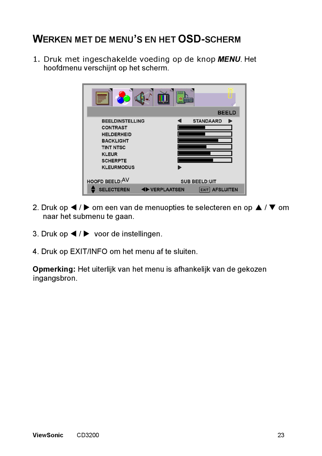 ViewSonic CD3200 manual Werken MET DE MENU’S EN HET OSD-SCHERM 