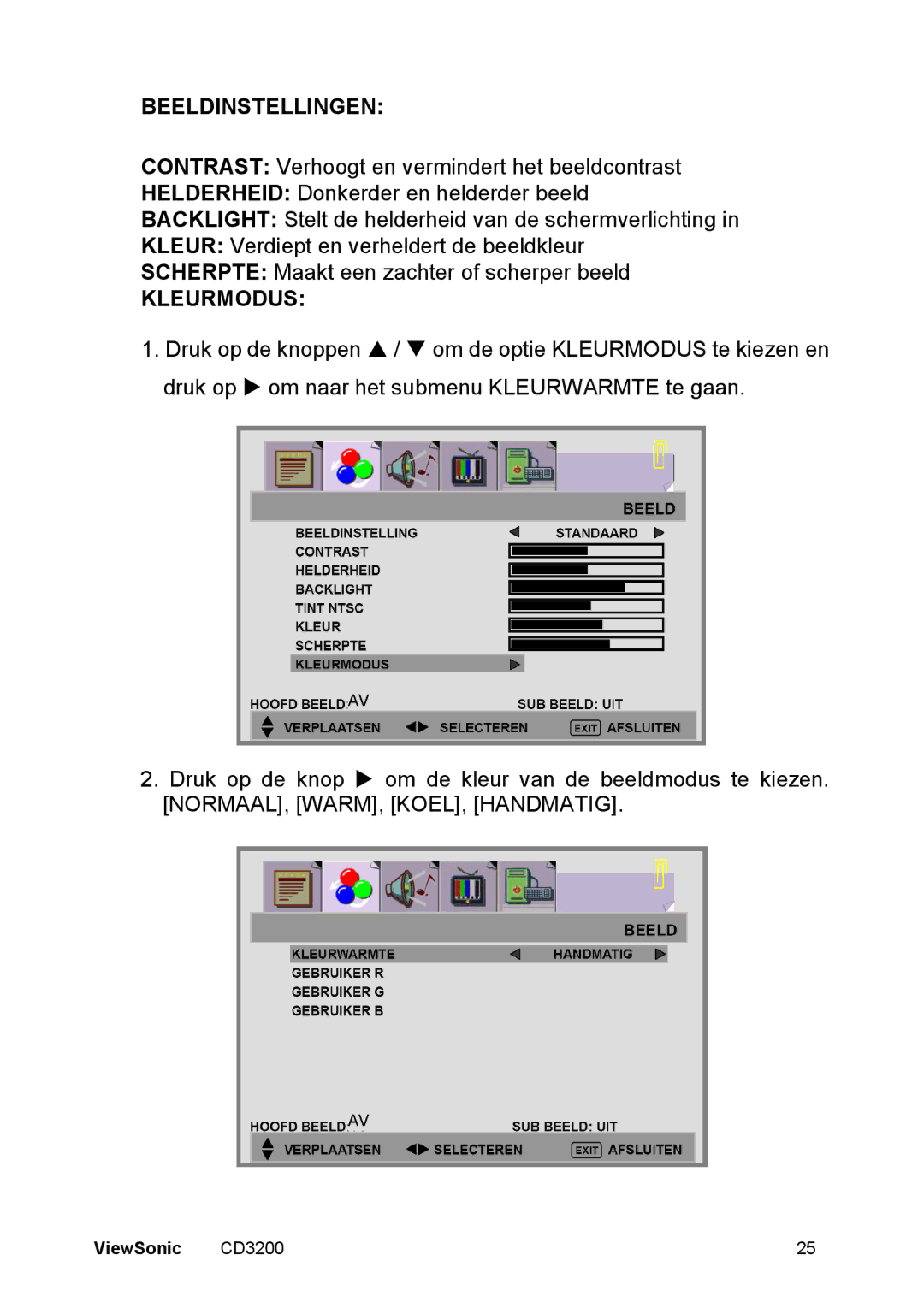 ViewSonic CD3200 manual Beeldinstellingen, Kleurmodus 