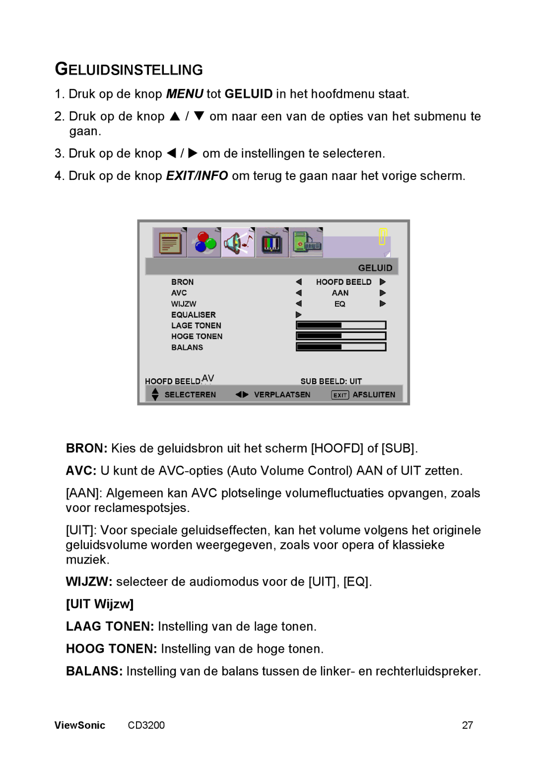 ViewSonic CD3200 manual Geluidsinstelling, UIT Wijzw 