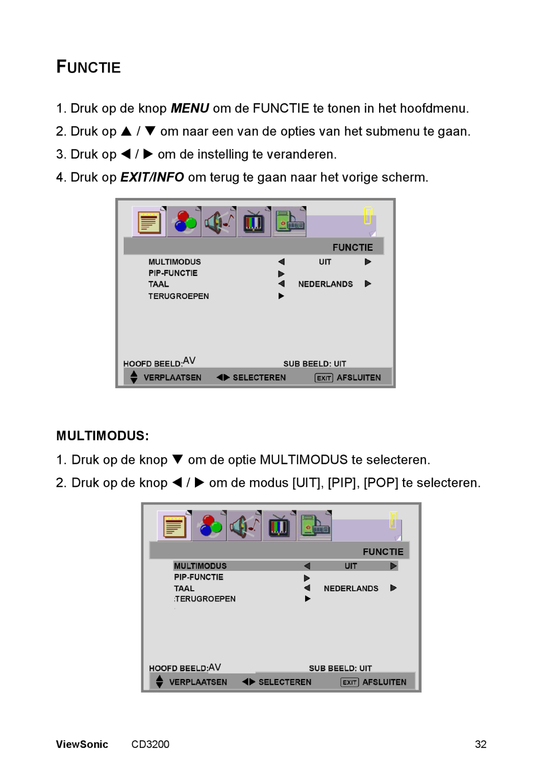 ViewSonic CD3200 manual Functie, Multimodus 