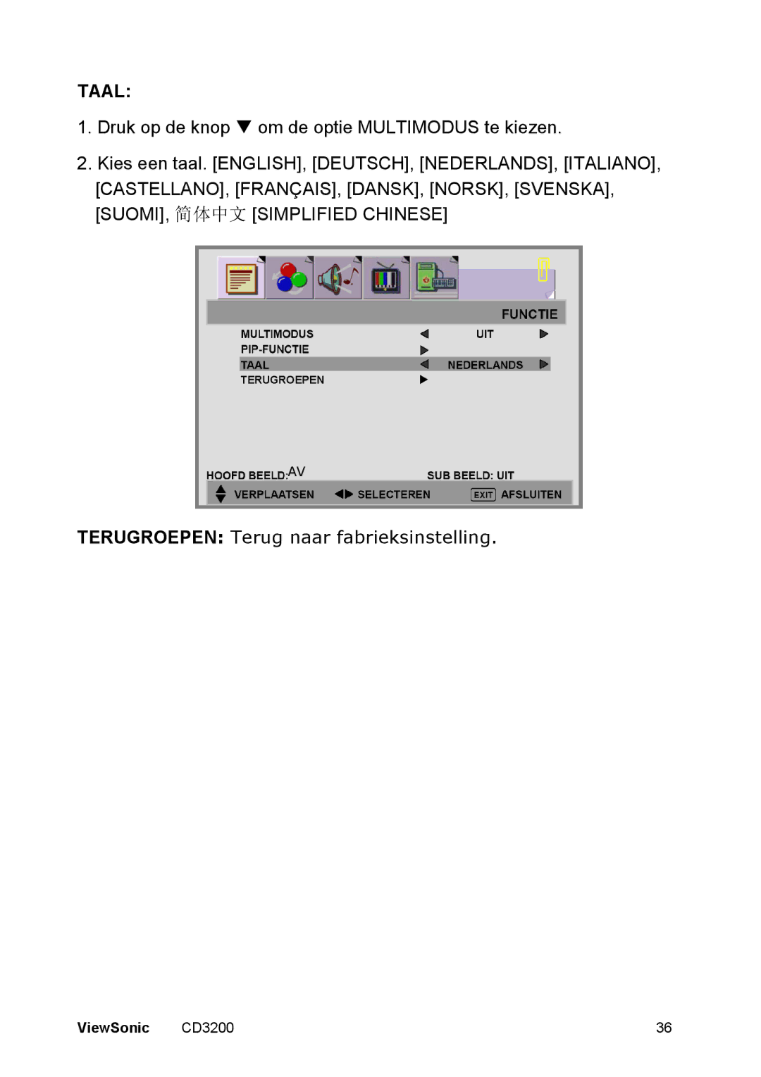 ViewSonic CD3200 manual Taal 