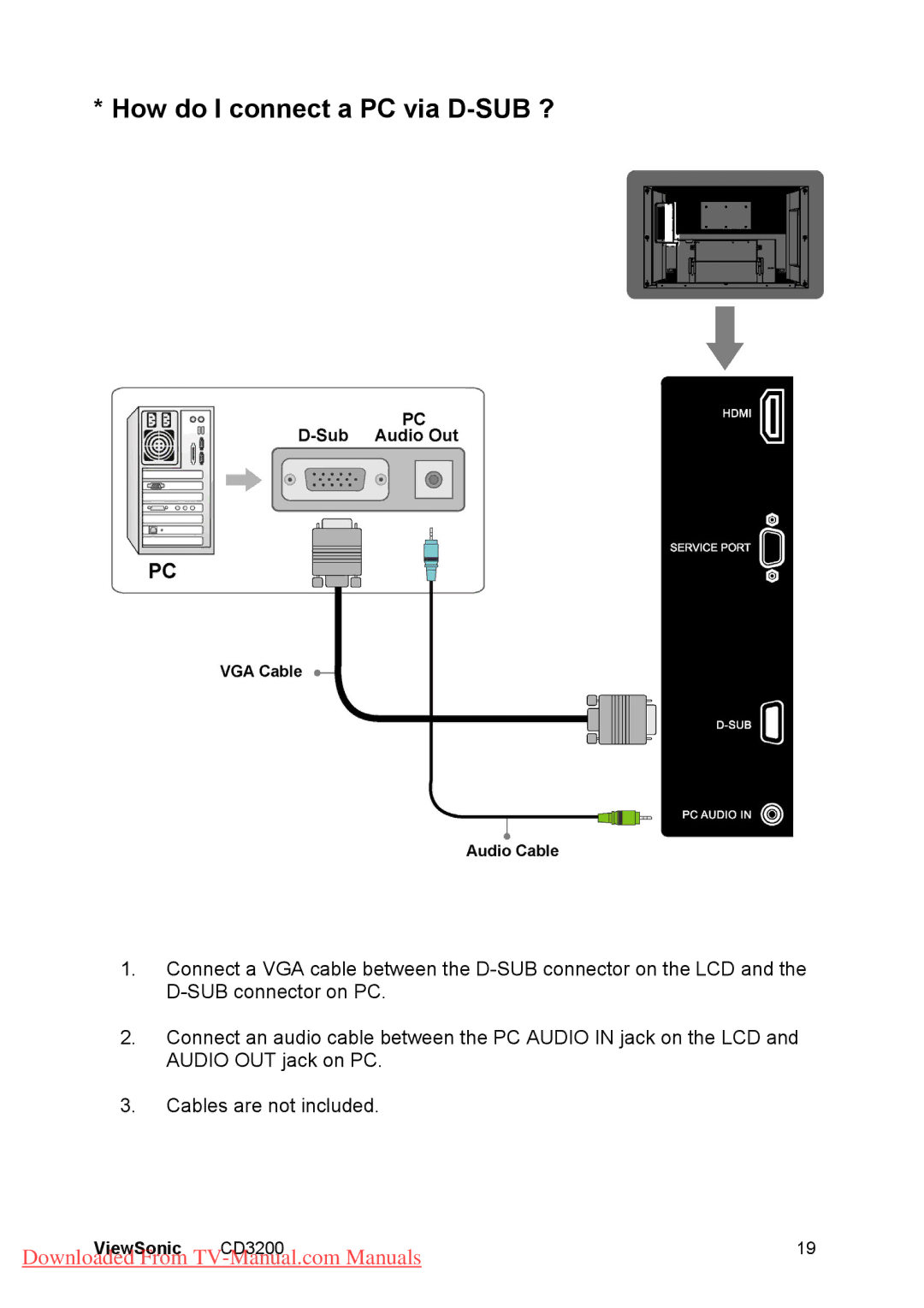 ViewSonic CD3200 manual How do I connect a PC via D-SUB ? 