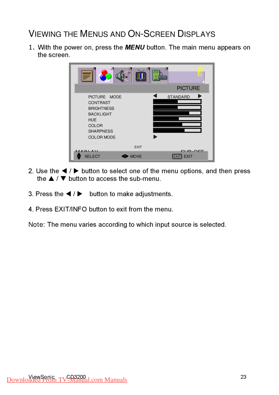 ViewSonic CD3200 manual Viewing the Menus and ON-SCREEN Displays 