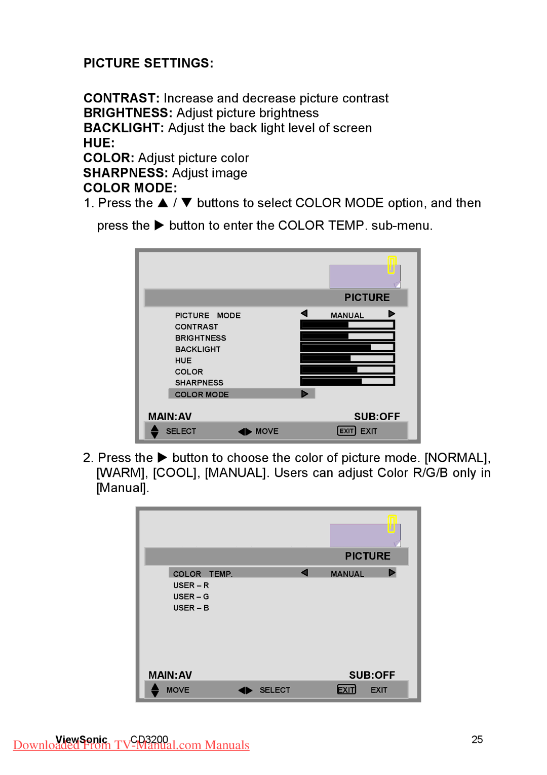 ViewSonic CD3200 manual Picture Settings, Hue, Color Mode 