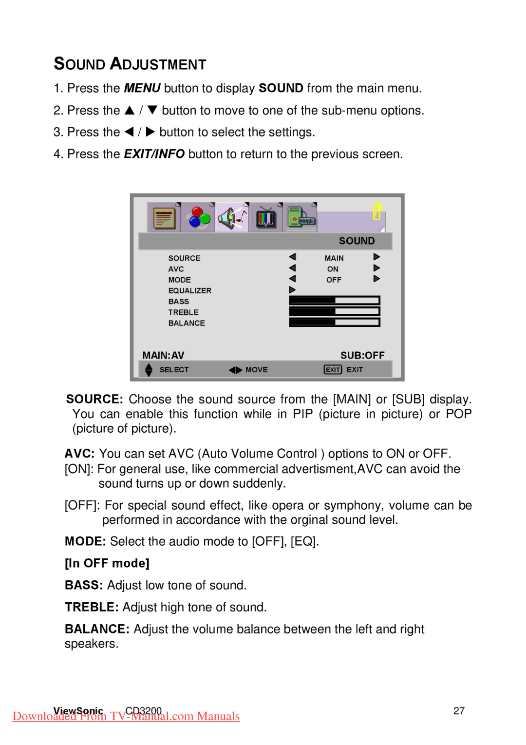 ViewSonic CD3200 manual Sound Adjustment, OFF mode 