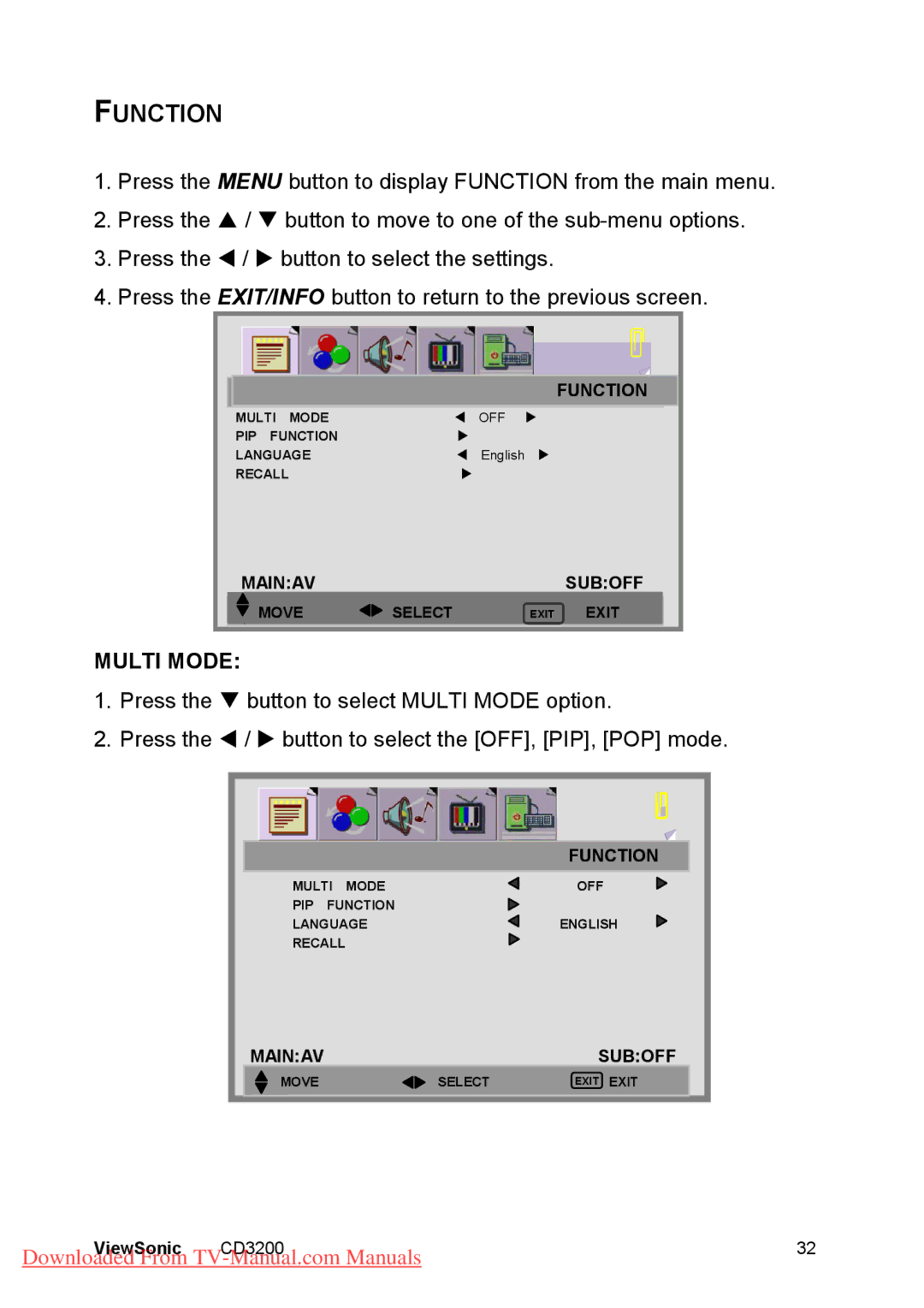 ViewSonic CD3200 manual Function, Multi Mode 