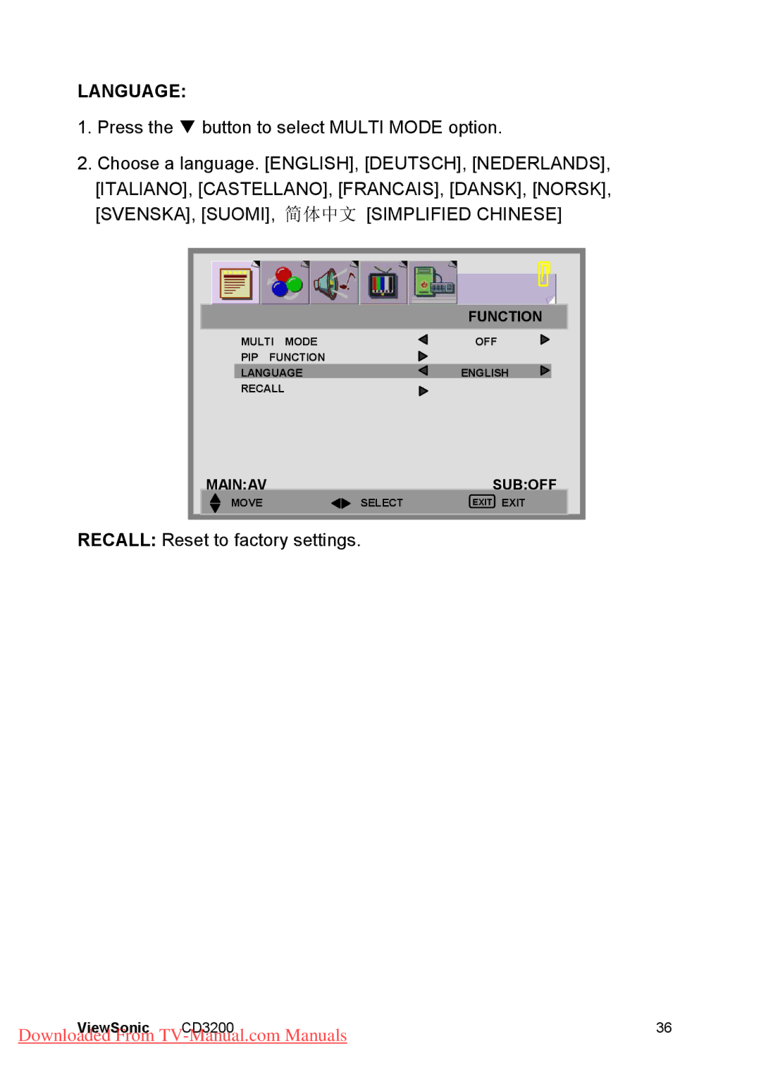 ViewSonic CD3200 manual Language 