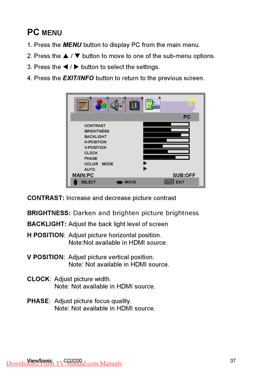 ViewSonic CD3200 manual PC Menu, Brightness Darken and brighten picture brightness 