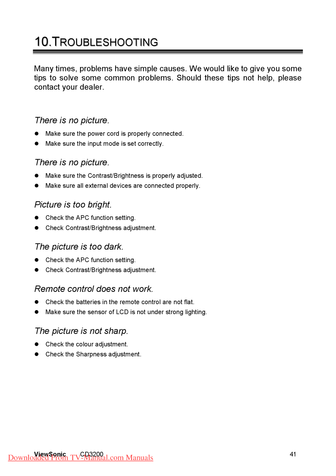 ViewSonic CD3200 manual Troubleshooting, Remote control does not work 