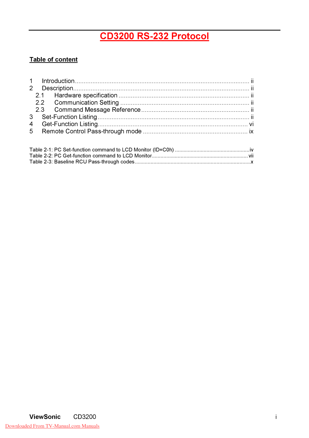 ViewSonic manual Table of content, ViewSonic CD3200i 