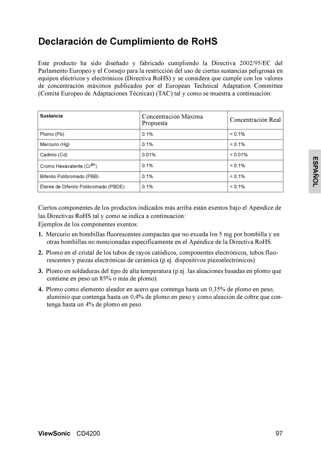 ViewSonic CD4200 manual Declaración de Cumplimiento de RoHS, Concentración Máxima Concentración Real Propuesta 