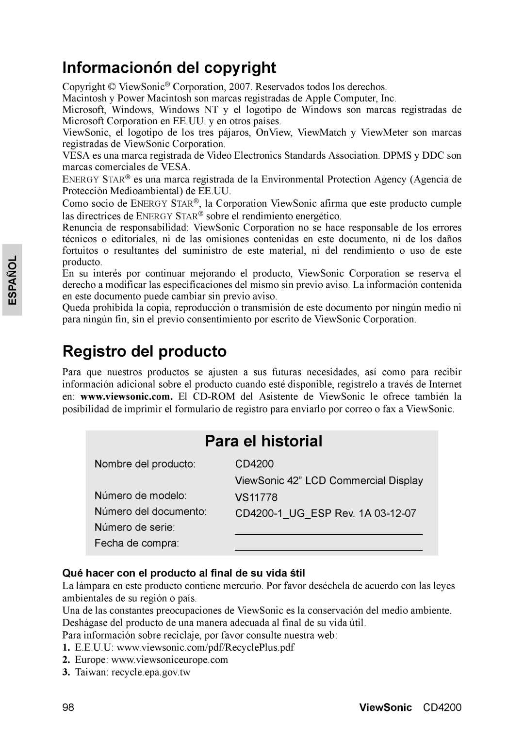 ViewSonic CD4200 manual Informacionón del copyright, Registro del producto Para el historial 