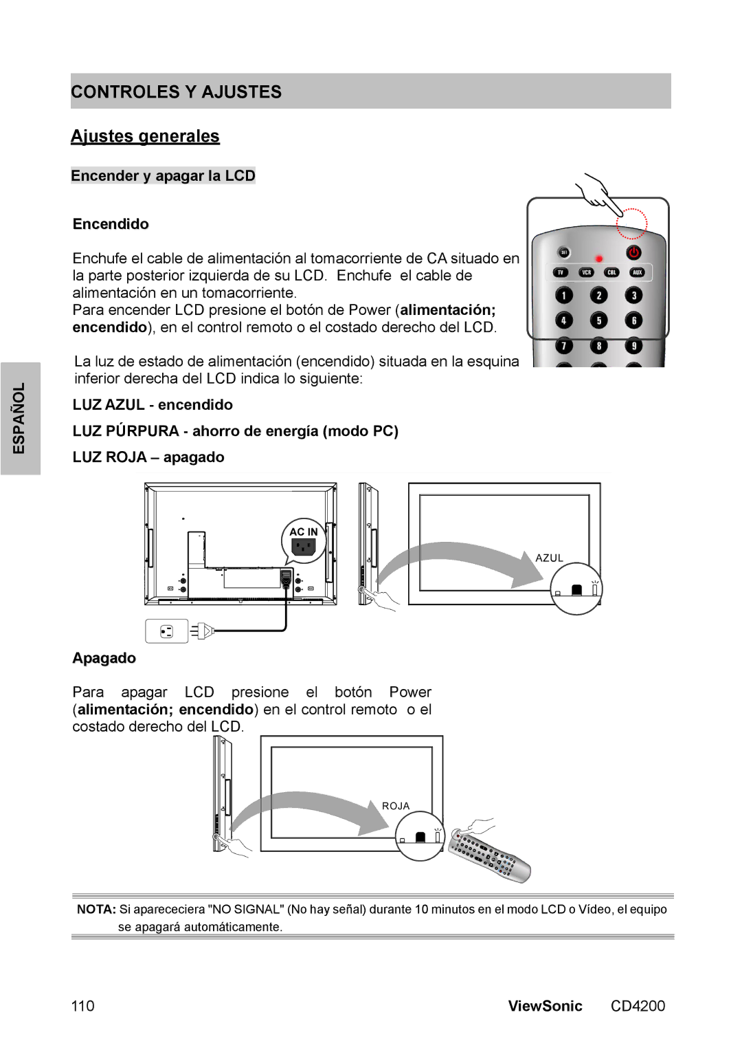 ViewSonic CD4200 manual Ajustes generales, Encender y apagar la LCD Encendido 