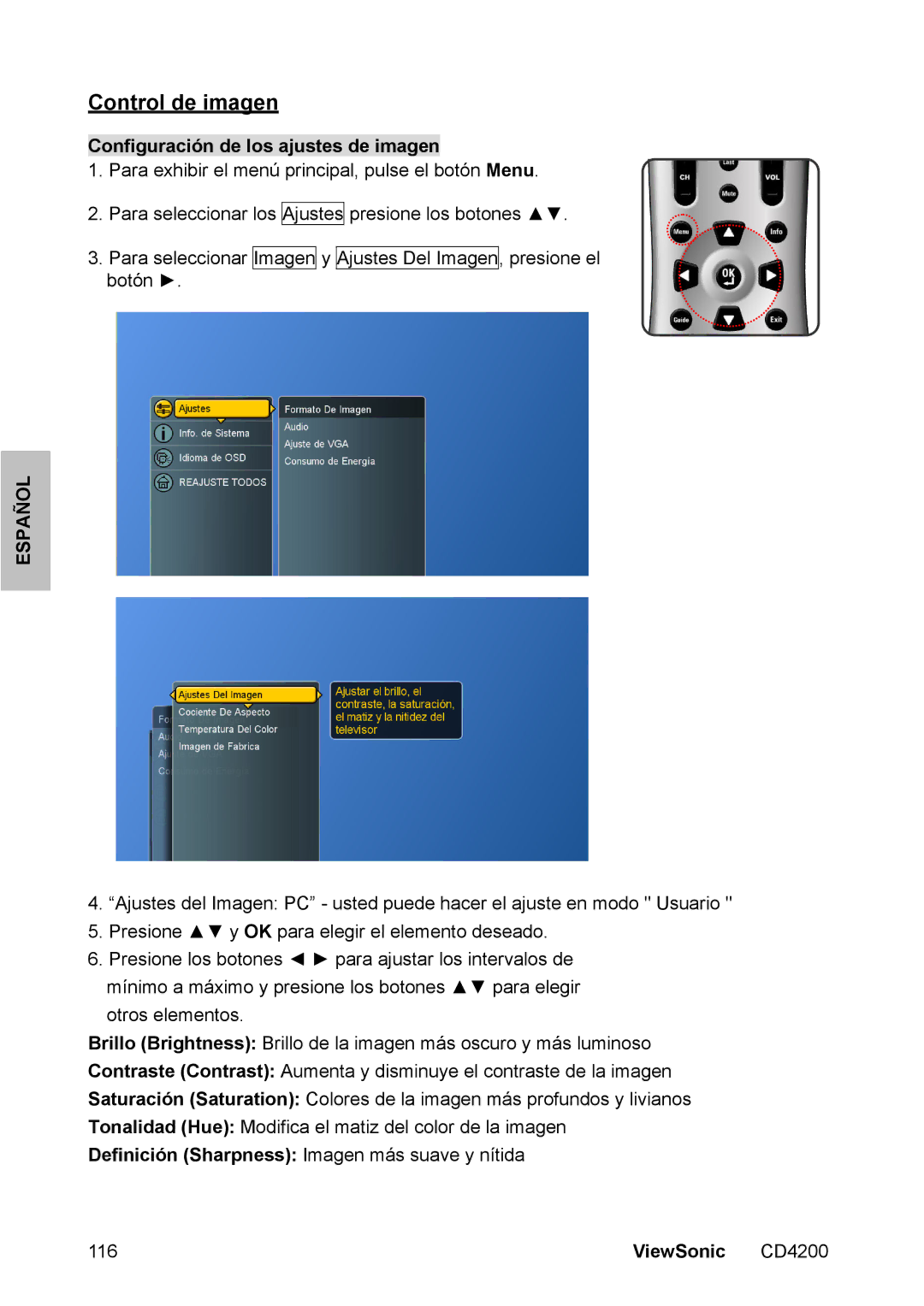 ViewSonic CD4200 manual Control de imagen, Configuración de los ajustes de imagen 