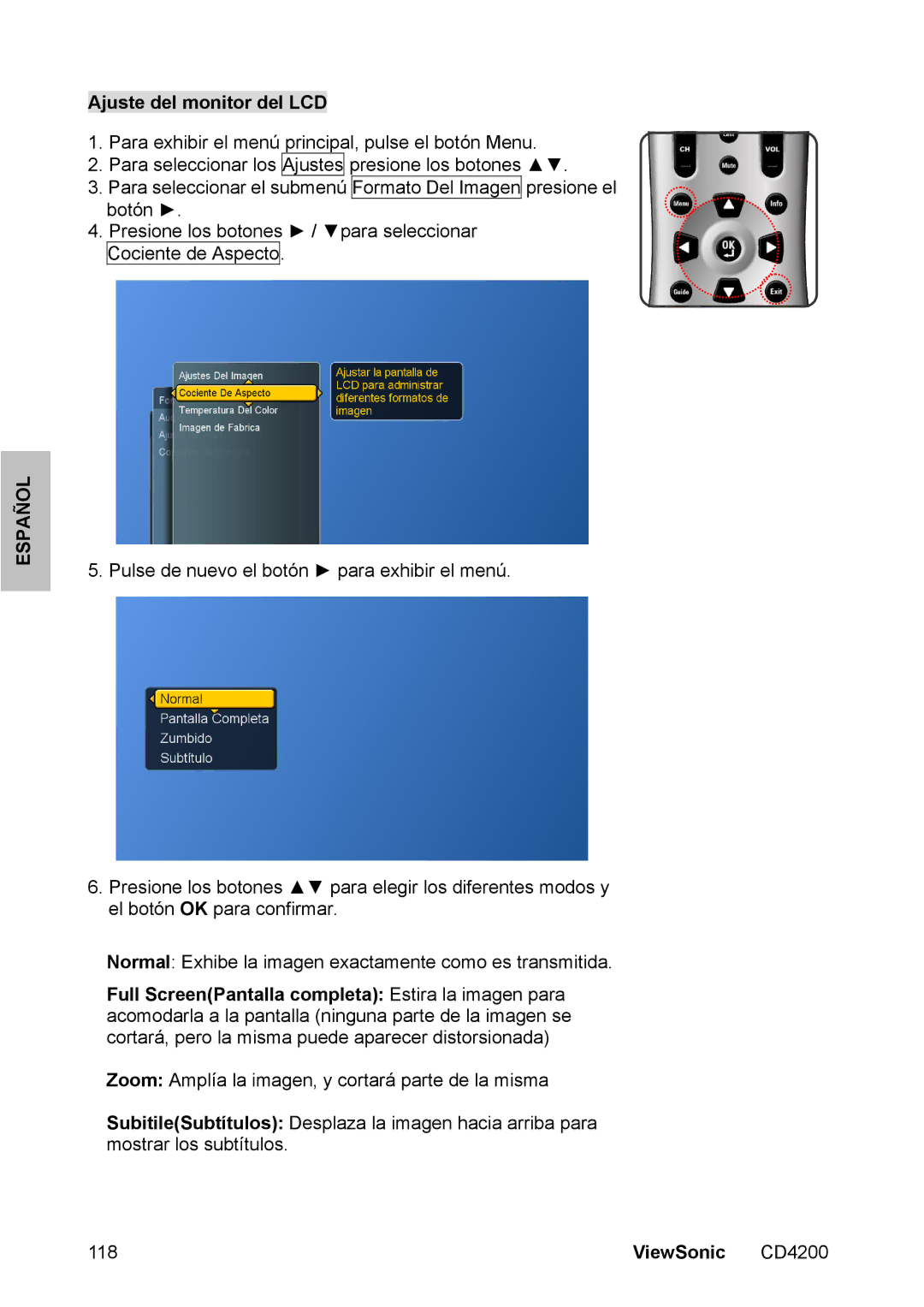 ViewSonic CD4200 manual Ajuste del monitor del LCD 