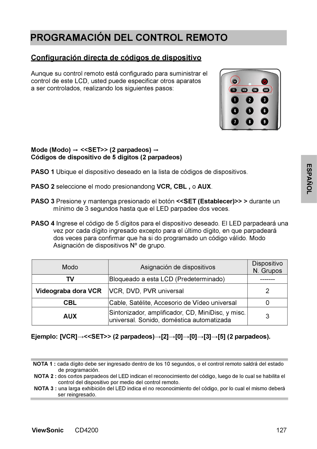 ViewSonic CD4200 Programación DEL Control Remoto, Configuración directa de códigos de dispositivo, Videograba dora VCR 