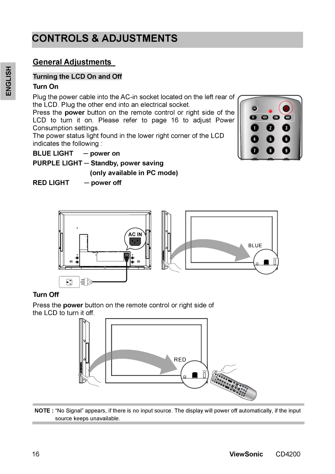 ViewSonic CD4200 manual Controls & Adjustments, General Adjustments, Blue Light, RED Light 