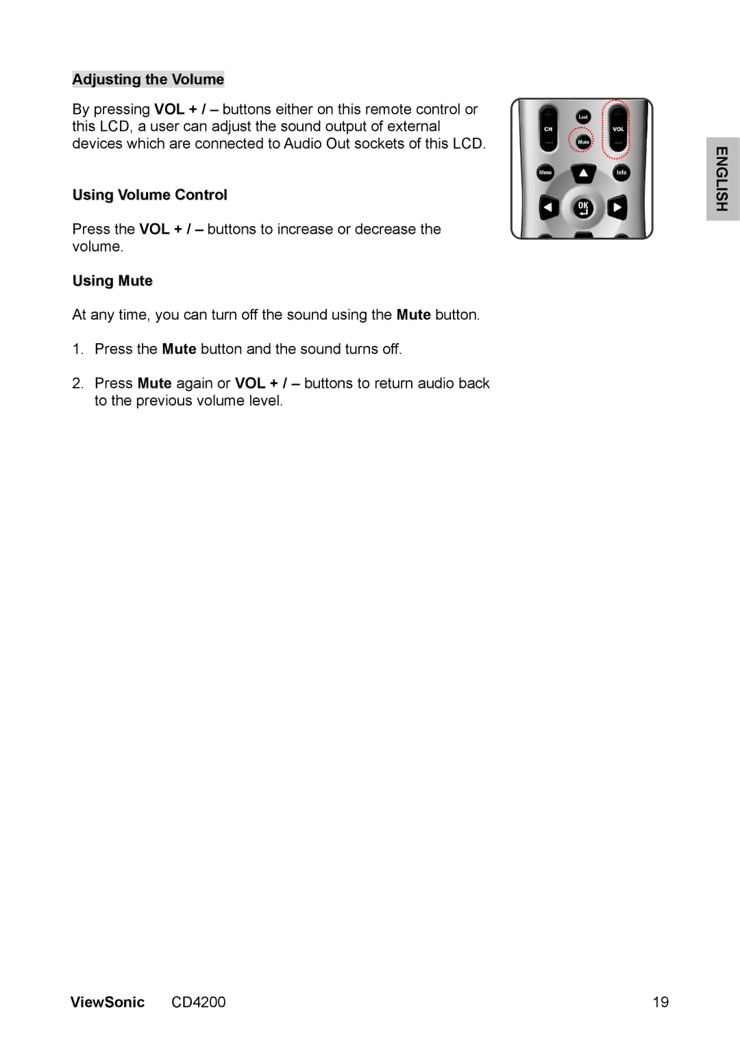 ViewSonic CD4200 manual Adjusting the Volume, Using Volume Control, Using Mute 