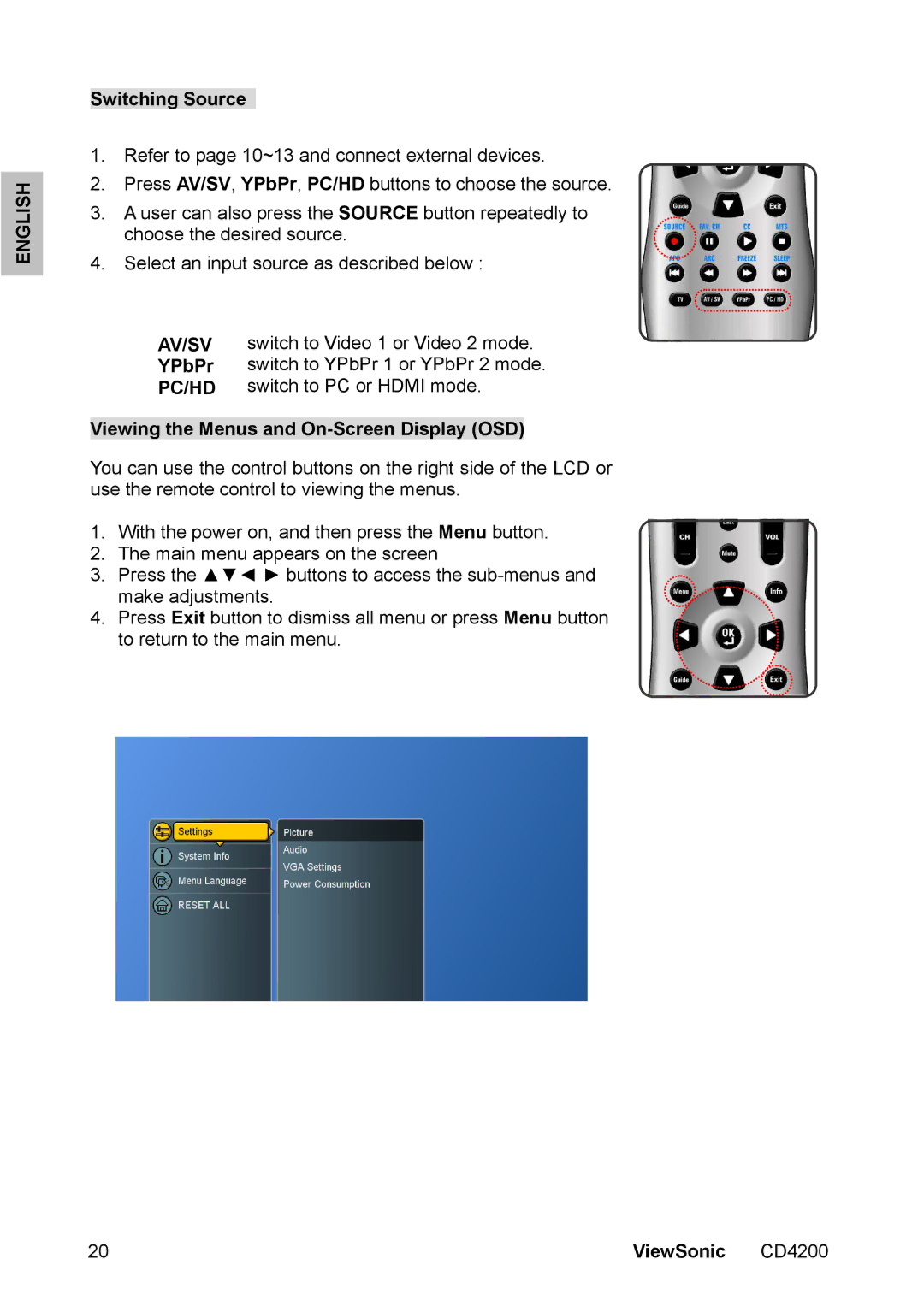 ViewSonic CD4200 manual Switching Source, Av/Sv, YPbPr, Pc/Hd, Viewing the Menus and On-Screen Display OSD 