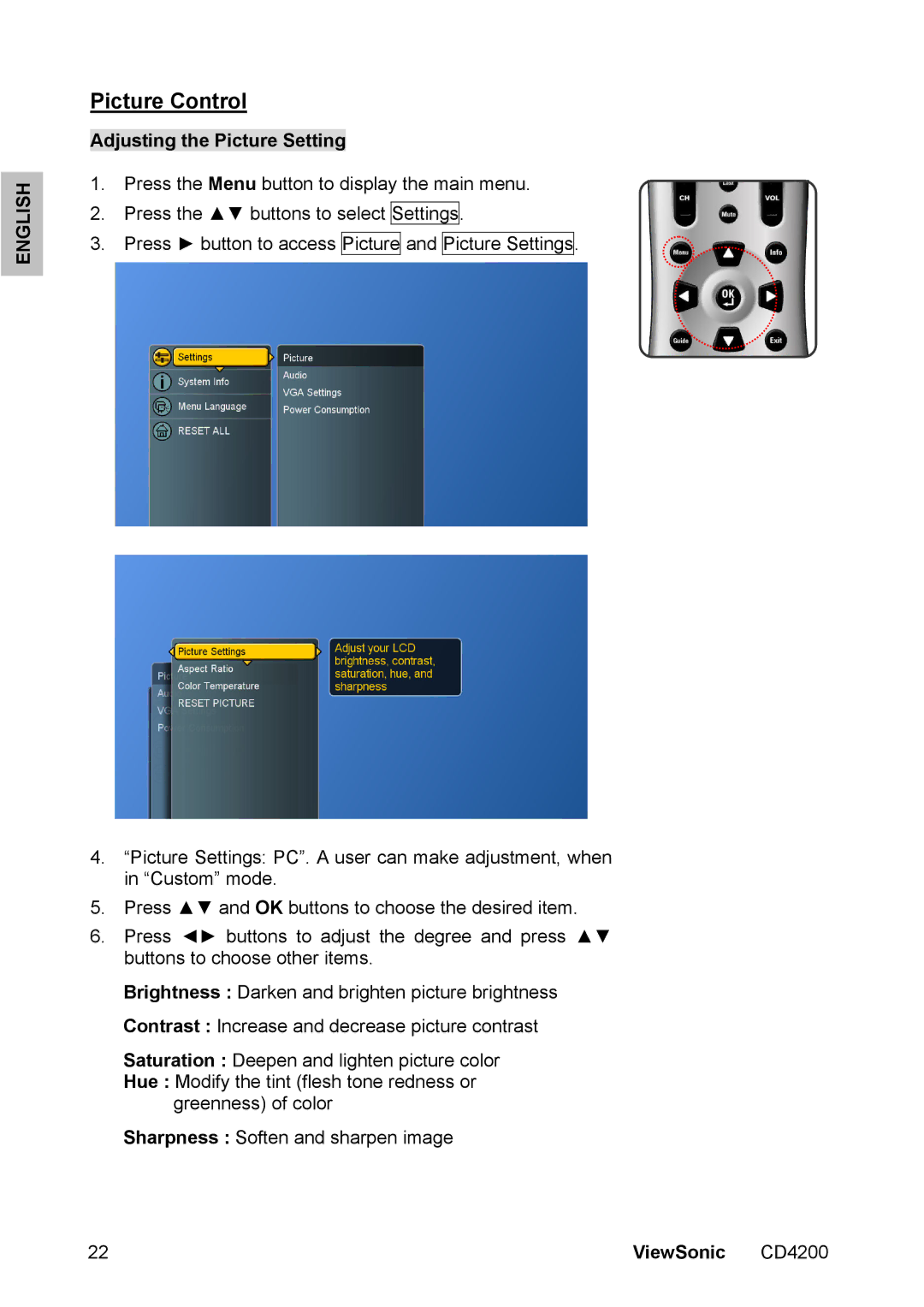 ViewSonic CD4200 manual Picture Control, Adjusting the Picture Setting 