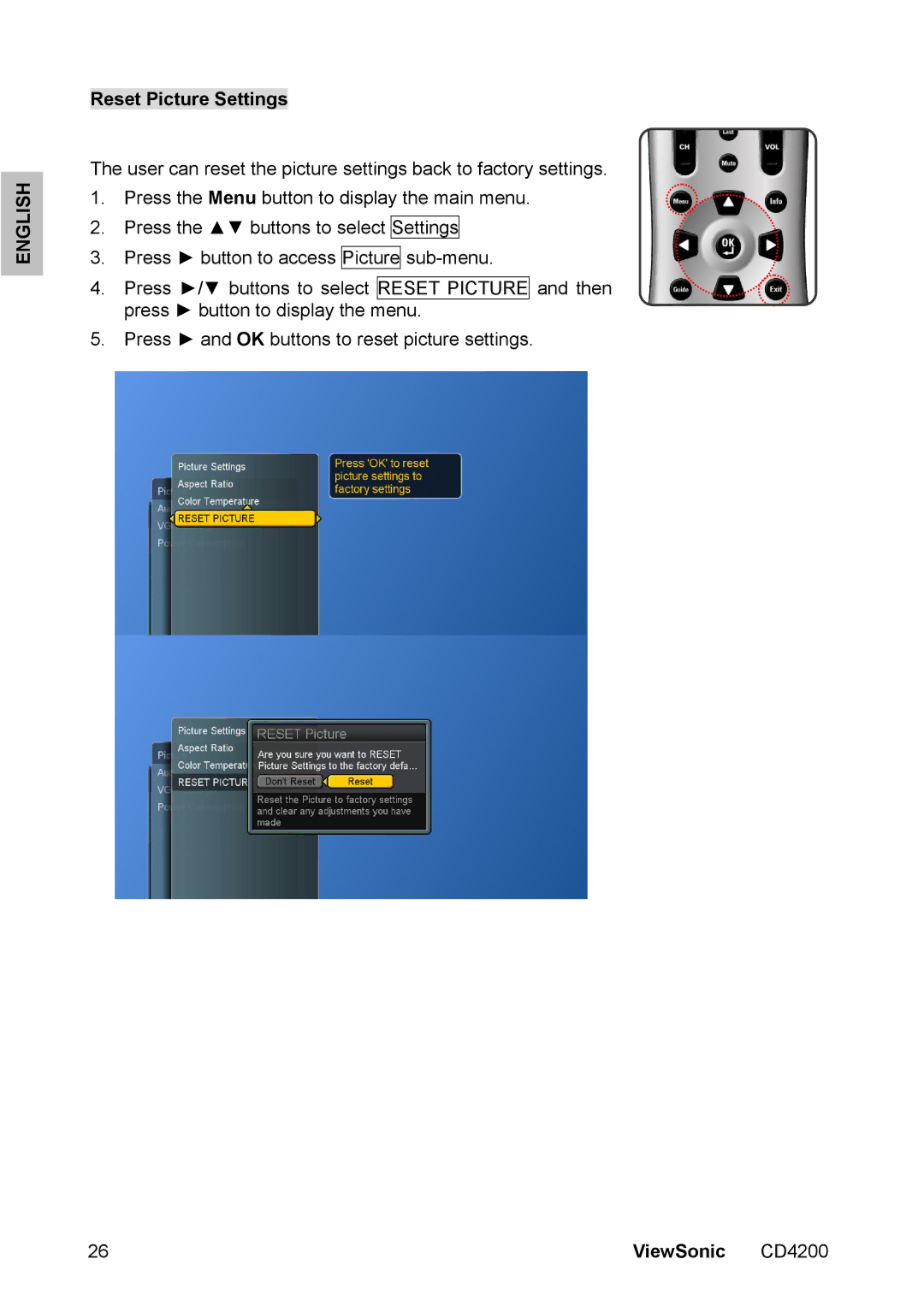 ViewSonic CD4200 manual Reset Picture Settings 