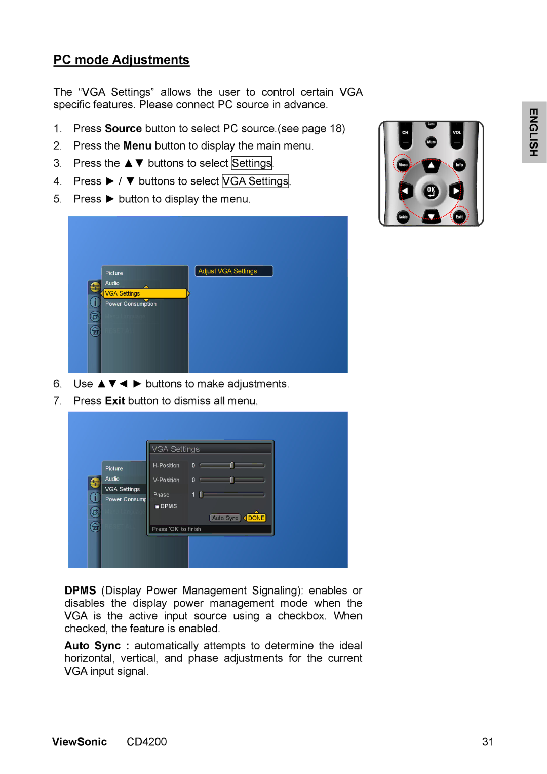 ViewSonic CD4200 manual PC mode Adjustments 