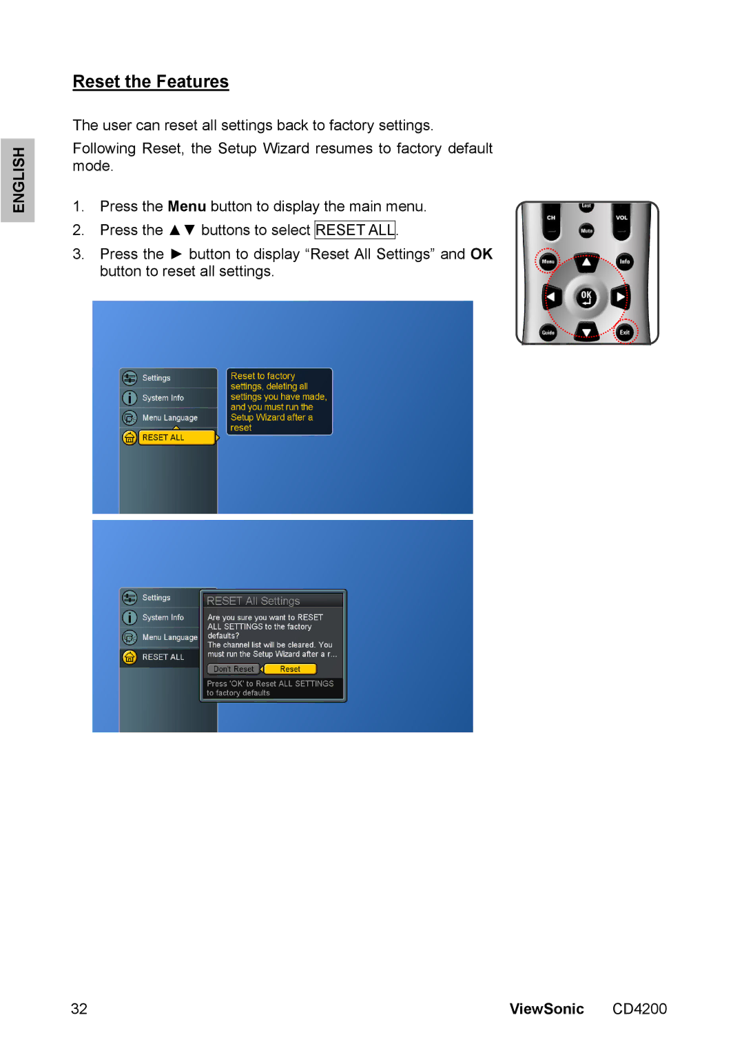 ViewSonic CD4200 manual Reset the Features, ViewSonic 