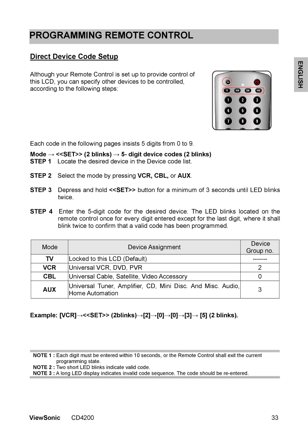 ViewSonic CD4200 Programming Remote Control, Direct Device Code Setup, Aux, Example VCR→SET 2blinks→2→0→0→3→ 5 2 blinks 