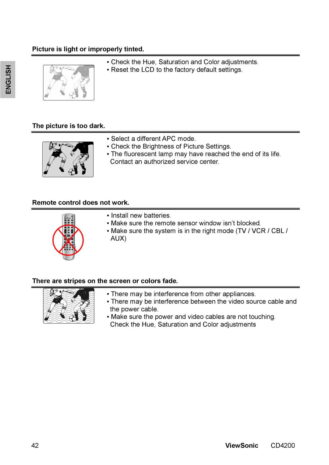 ViewSonic CD4200 manual Picture is light or improperly tinted, Picture is too dark, Remote control does not work 