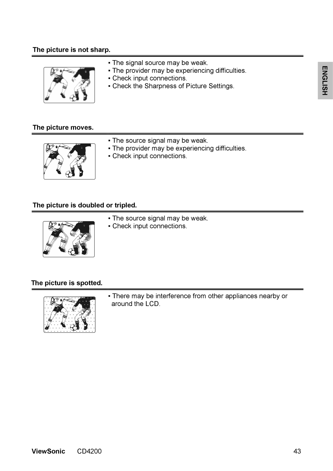 ViewSonic CD4200 manual Picture is not sharp, Picture moves, Picture is doubled or tripled, Picture is spotted 