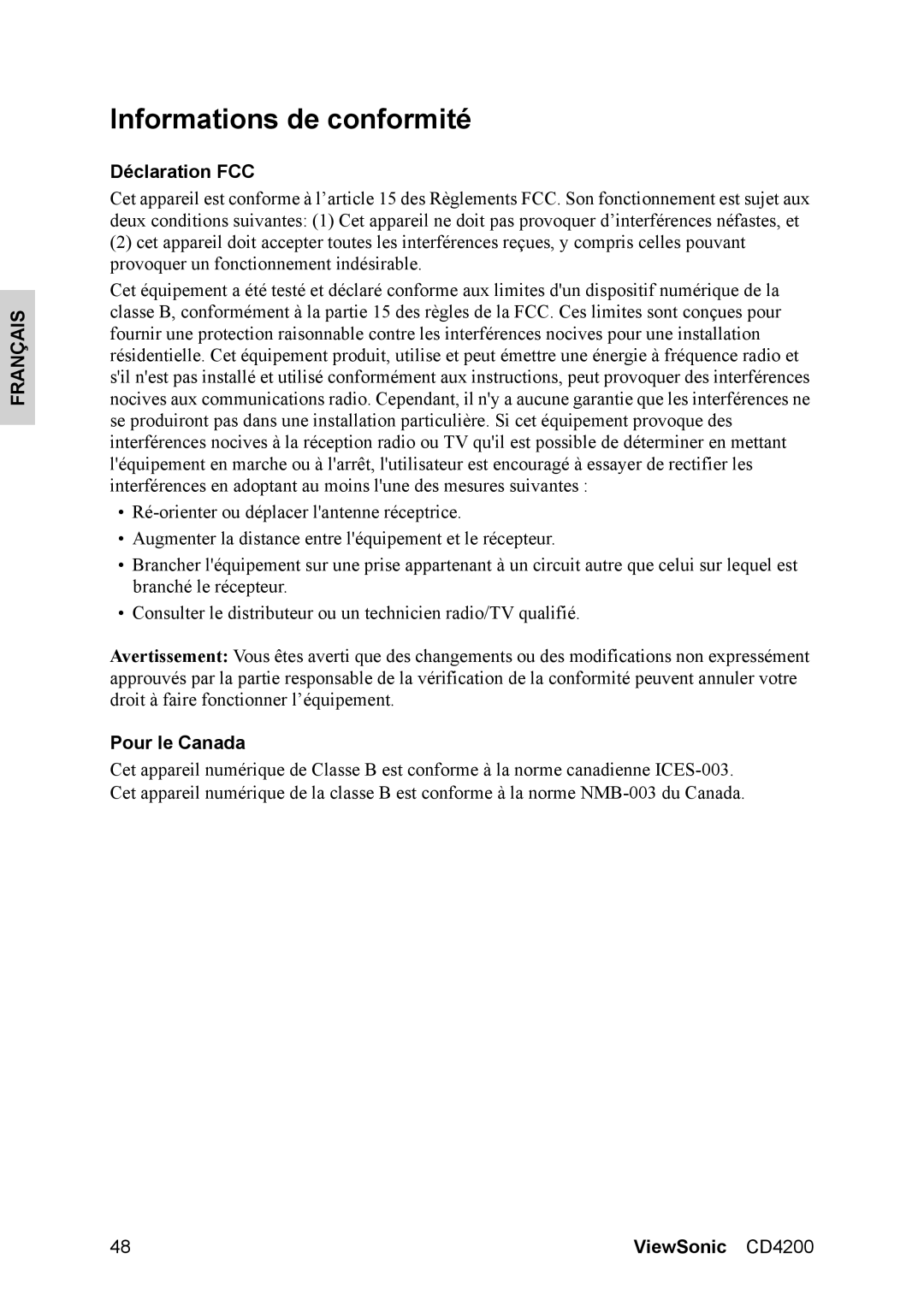 ViewSonic CD4200 manual Informations de conformité, Déclaration FCC, Pour le Canada 