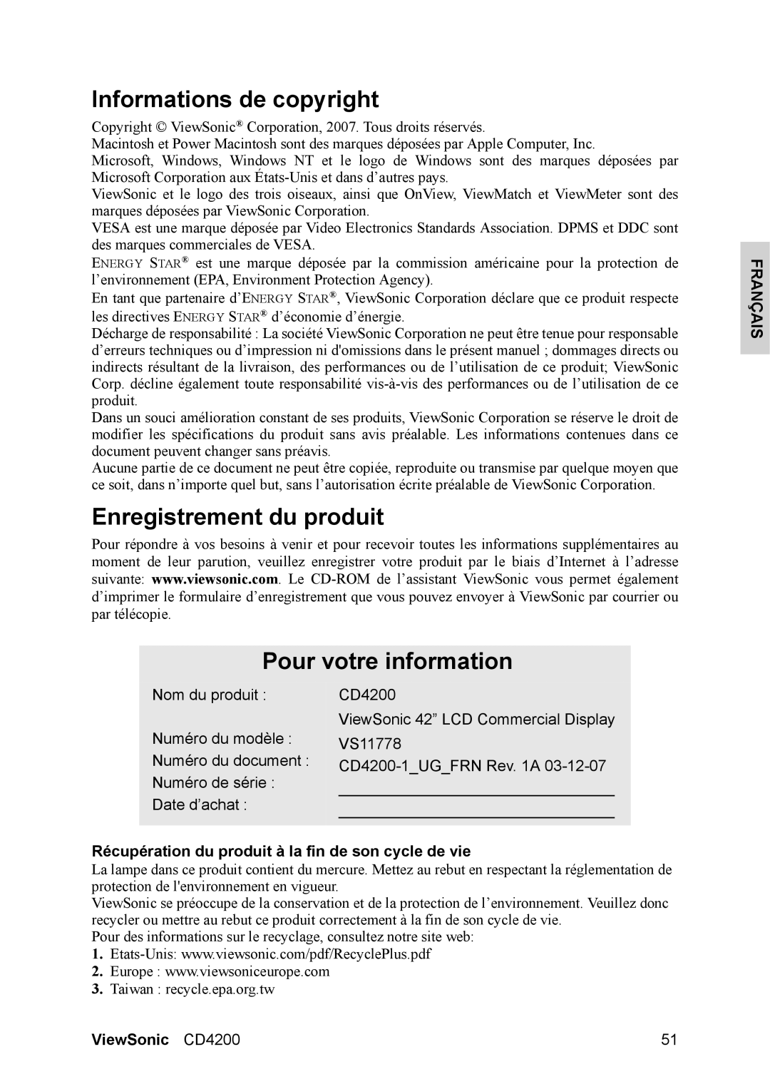 ViewSonic CD4200 manual Informations de copyright, Enregistrement du produit Pour votre information 