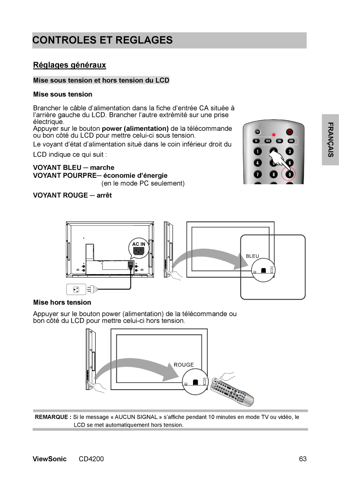 ViewSonic CD4200 manual Controles ET Reglages, Réglages généraux, Mise sous tension et hors tension du LCD 