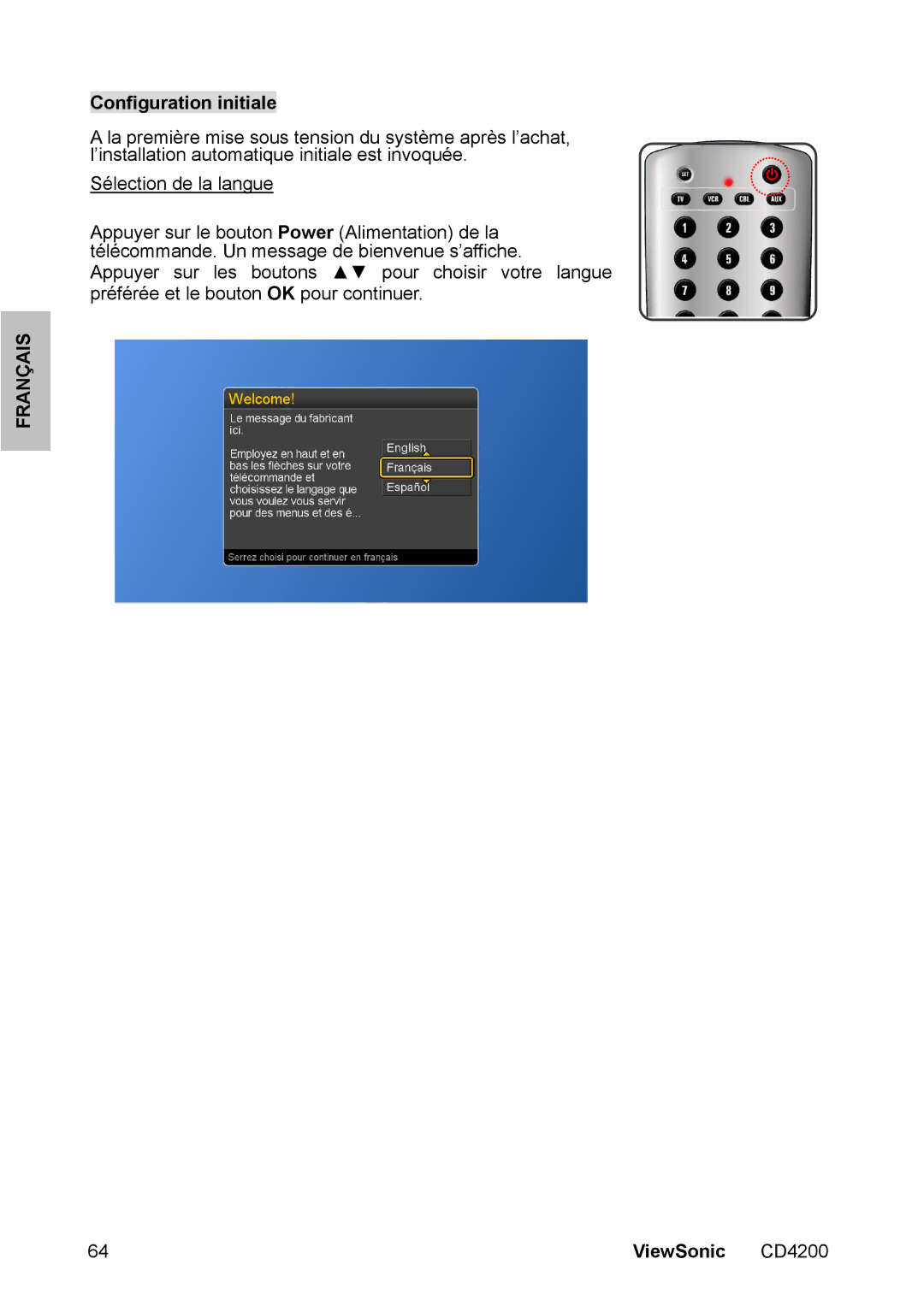 ViewSonic CD4200 manual Configuration initiale 