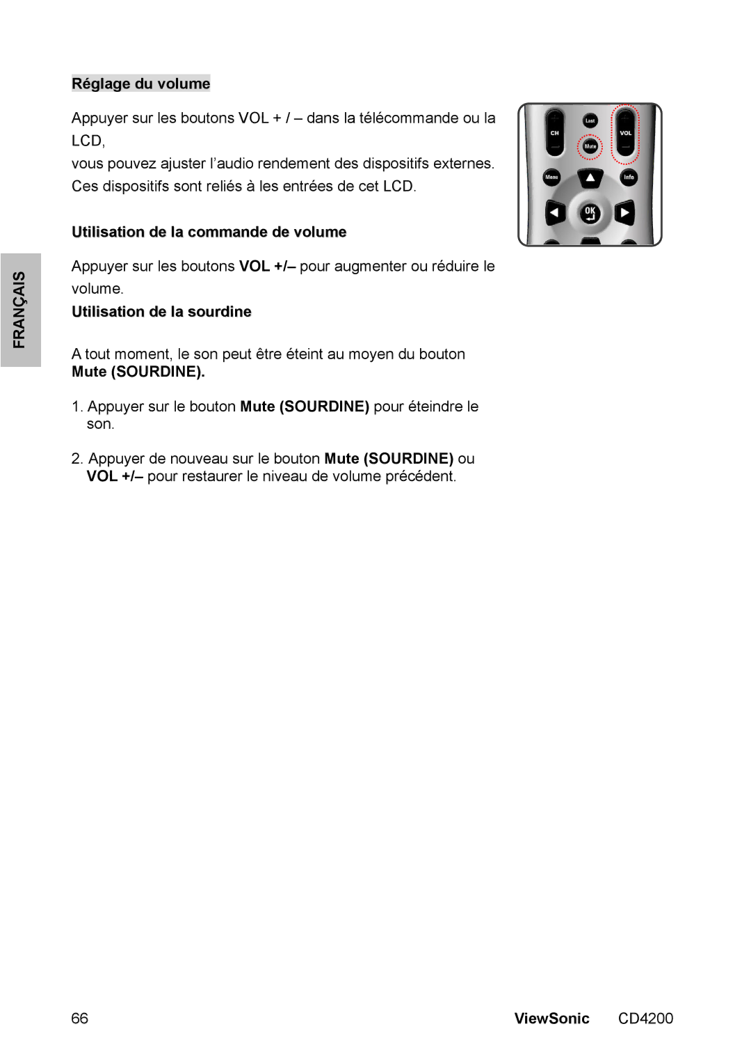 ViewSonic CD4200 manual Réglage du volume, Utilisation de la commande de volume, Utilisation de la sourdine, Mute Sourdine 