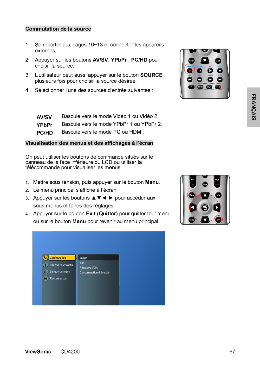 ViewSonic CD4200 manual Commutation de la source, Visualisation des menus et des affichages à l’écran 