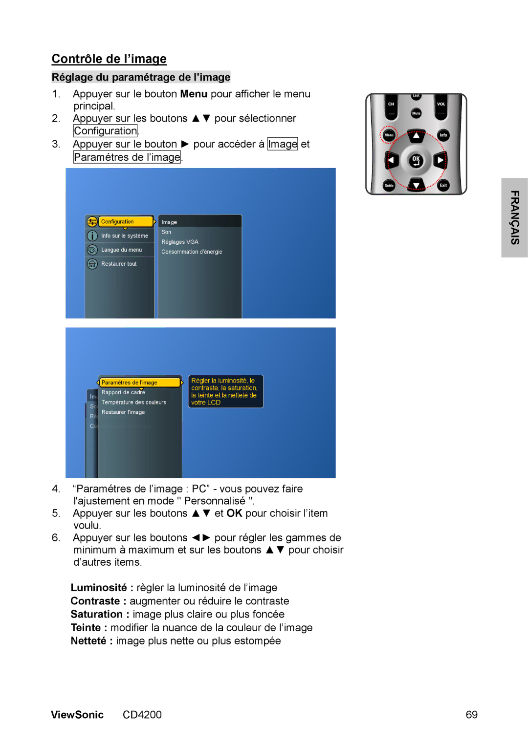 ViewSonic CD4200 manual Contrôle de l’image, Réglage du paramétrage de l’image 