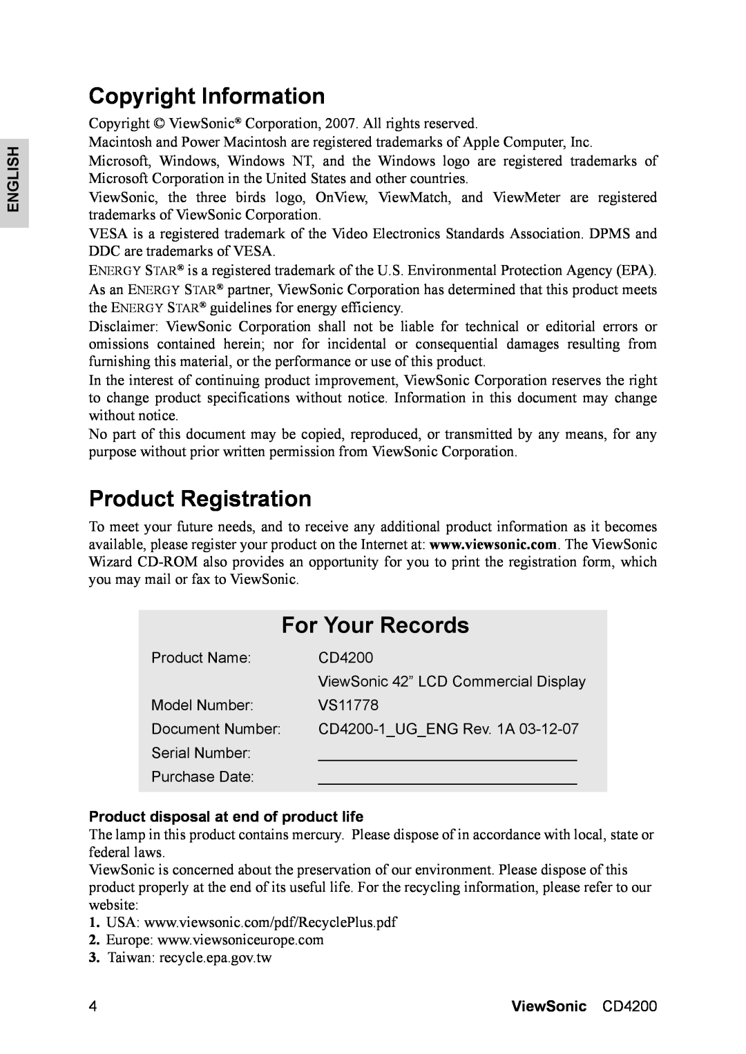 ViewSonic CD4200 Copyright Information, Product Registration, For Your Records, Product disposal at end of product life 