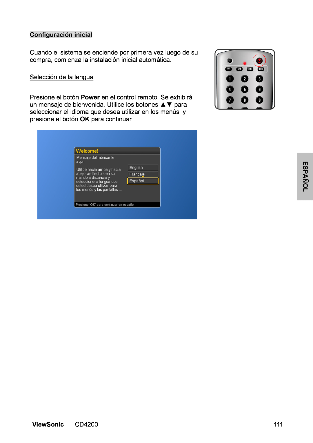 ViewSonic manual Configuración inicial, Selección de la lengua, Español, ViewSonic CD4200 