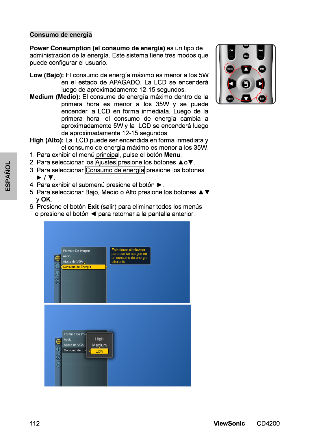 ViewSonic CD4200 manual Consumo de energía, Español, Para exhibir el menú principal, pulse el botón Menu, ViewSonic 