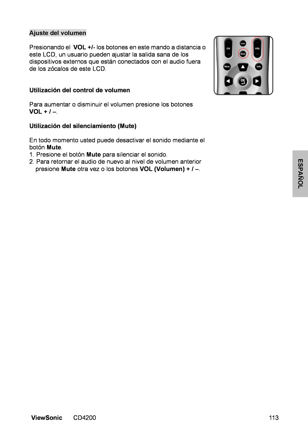 ViewSonic CD4200 Ajuste del volumen, Utilización del control de volumen, Utilización del silenciamiento Mute, Español 