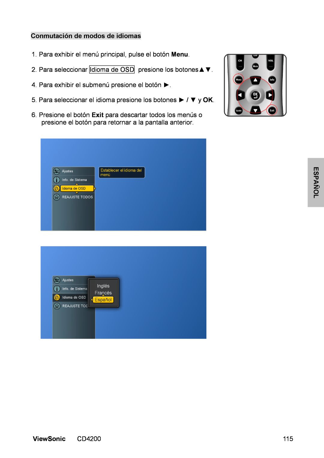 ViewSonic CD4200 manual Conmutación de modos de idiomas, Para exhibir el menú principal, pulse el botón Menu, Español 