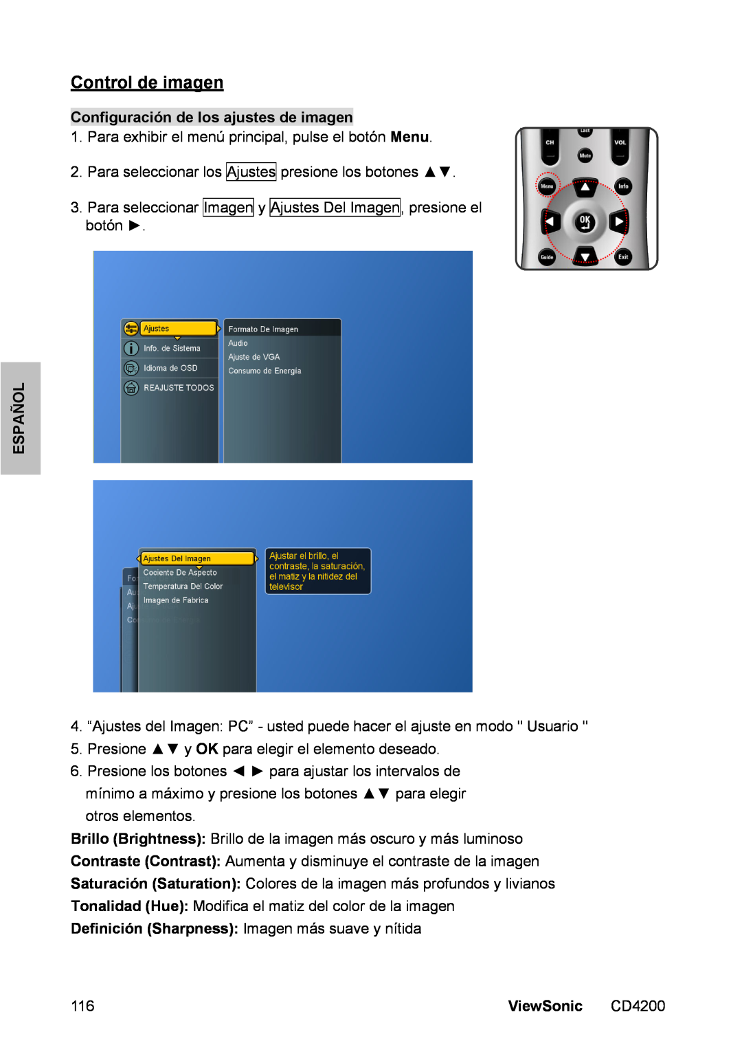 ViewSonic CD4200 manual Control de imagen, Configuración de los ajustes de imagen, Español, ViewSonic 