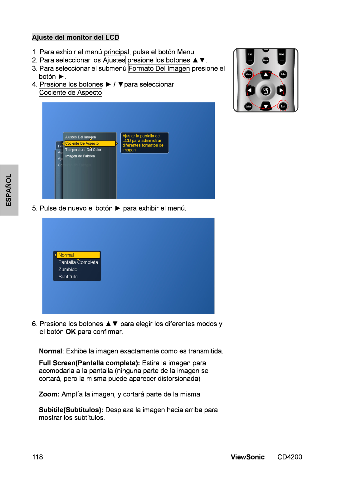 ViewSonic CD4200 manual Ajuste del monitor del LCD, Español, ViewSonic 