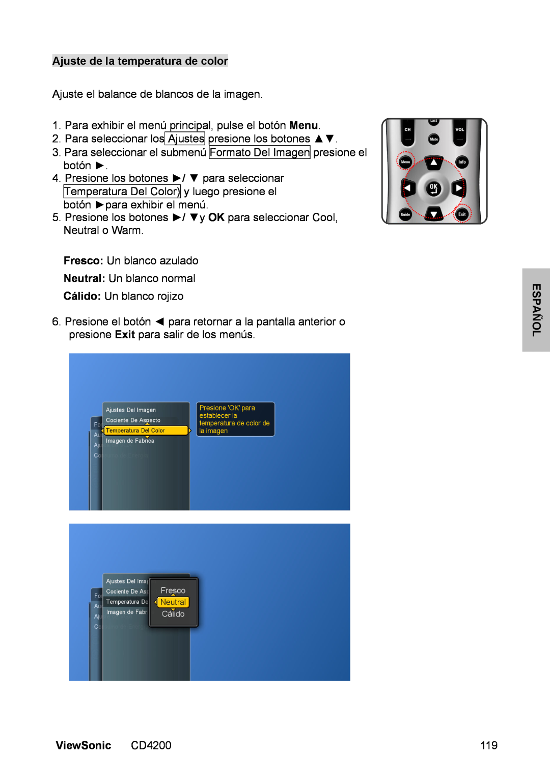 ViewSonic manual Ajuste de la temperatura de color, Español, ViewSonic CD4200 